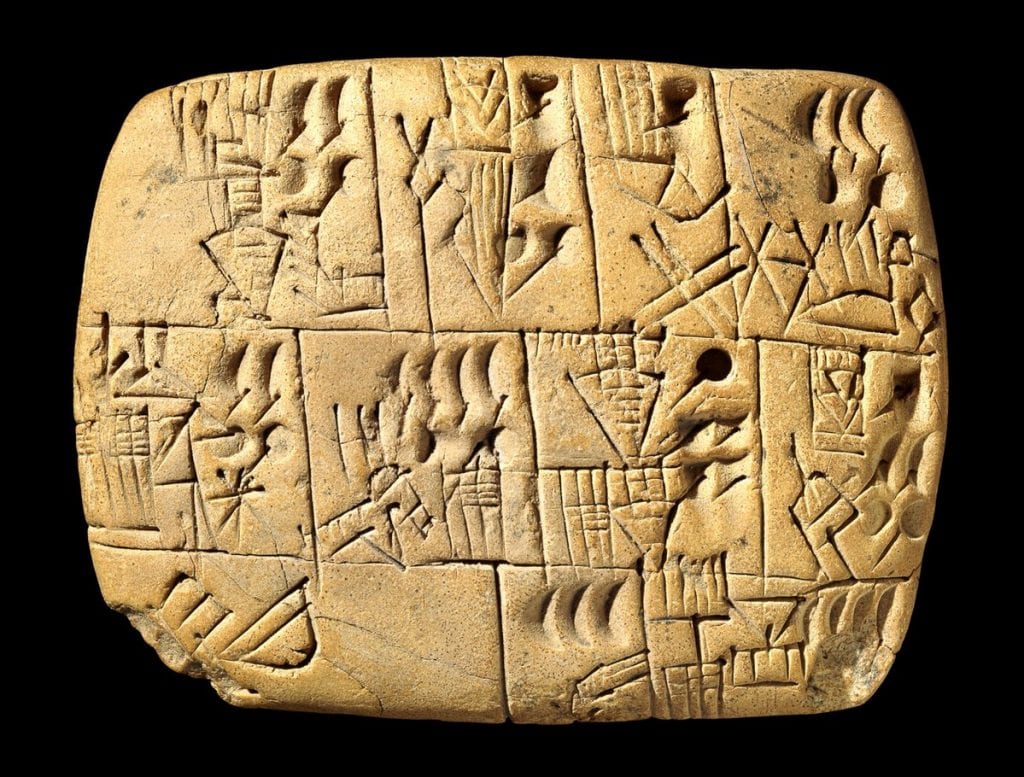 Late Prehistoric Cuneiform Pictogram depicting payment of workers with beer (3100-3000 BC) From: British Museum (Wiki Commons)