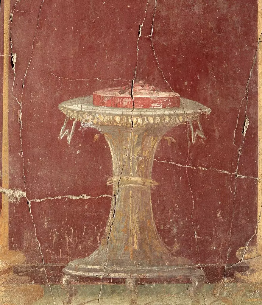 A triclinium fresco portraying what appears to be a white cheese cake, custard or flan with a red crust. Oplontis, Italy (1st c. AD).