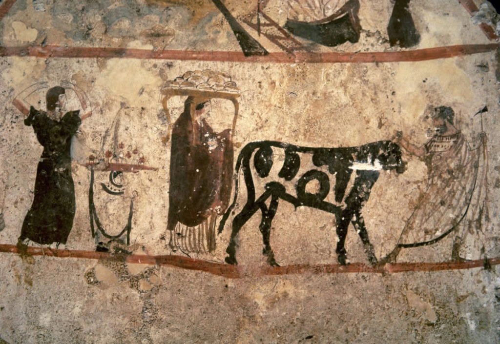 Painted slab from Tomb 47 of Necropolis, Paestum. Circa 350 BC. Preparations for an animal sacrifice. Italy. (Magna Graecia). Archaeological Museum of Paestum. Italy.